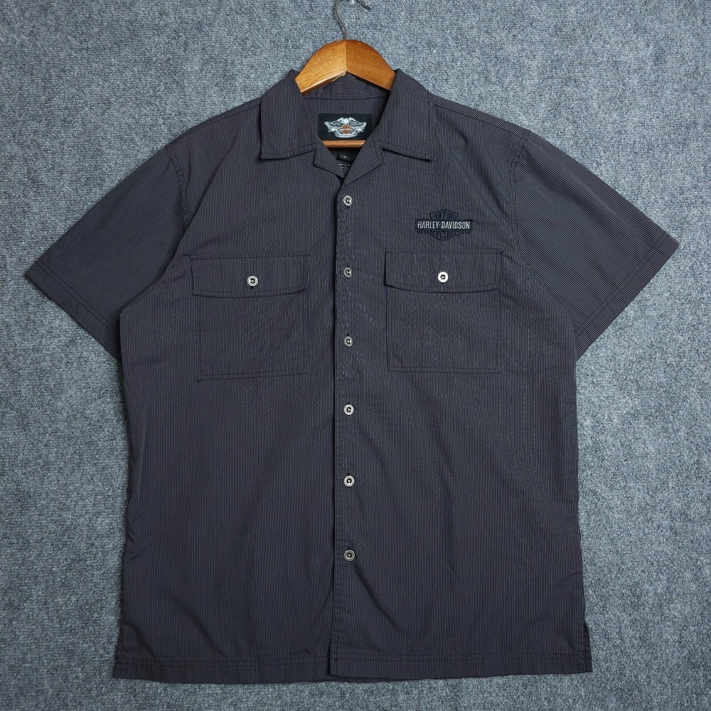 Harley Davidson Button Up Shirt Mens Medium Black Pinstripe Embroidered Logo - Picture 2 of 9
